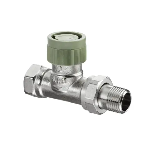 Thermostatventil mit grünem Kopf und metallischem Körper, konzipiert für die Regelung von Heizsystemen. Oventrop-Produkt mit zwei Anschlussgewinden.
